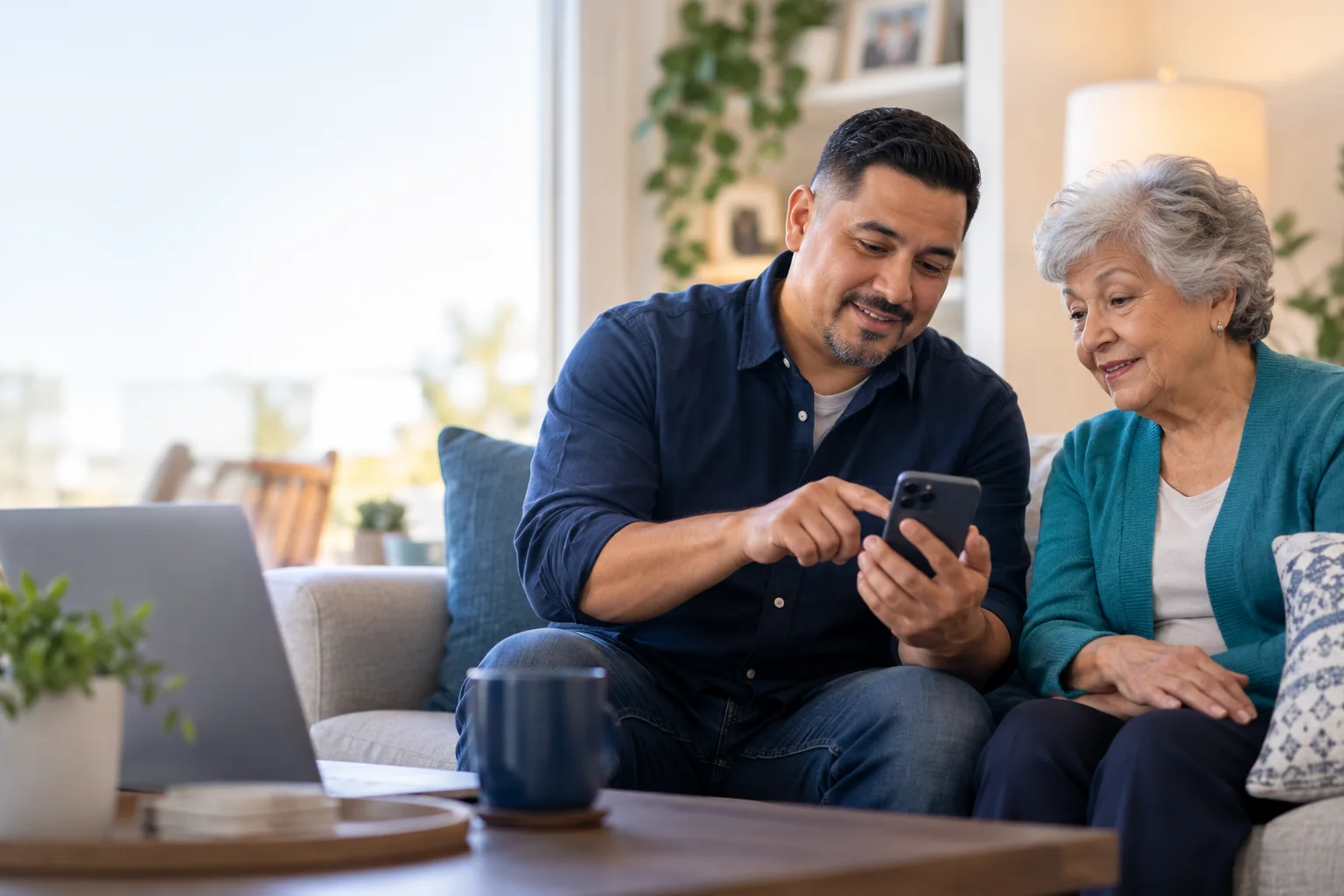 Older woman learning smartphone features with a patient technology helper